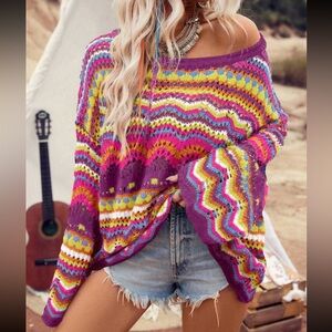 Cozy Color Block Striped V-Neck Pullover Bell Sleeve Crochet Knit Sweater Top